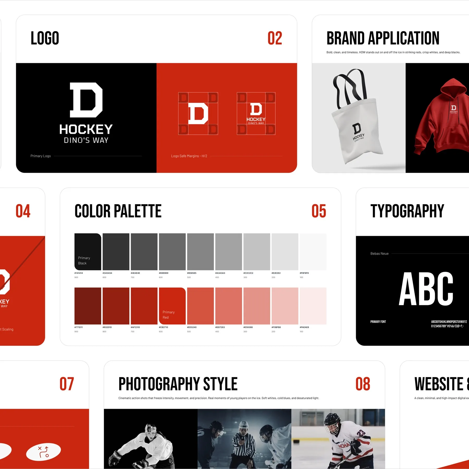 Hockey Dino's Way: brand system overview with logo, color palette, typography, and photography style